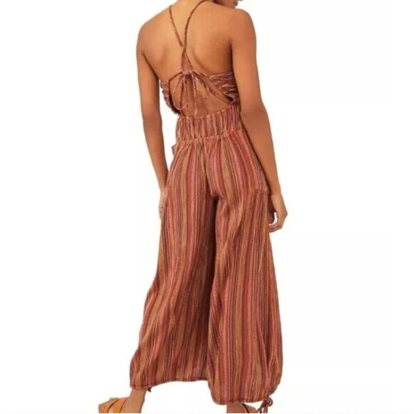 Free People Sundaze For Surfin' Jumpsuit M Red Clay Combo Striped Cotton Boho - Picture 7 of 12